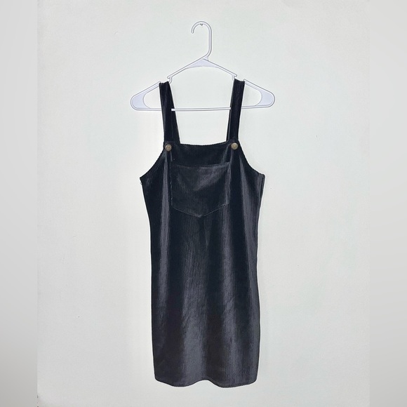 Bozzolo black velvet corduroy pinafore bodycon overall front pocket dress size M - Picture 1 of 5